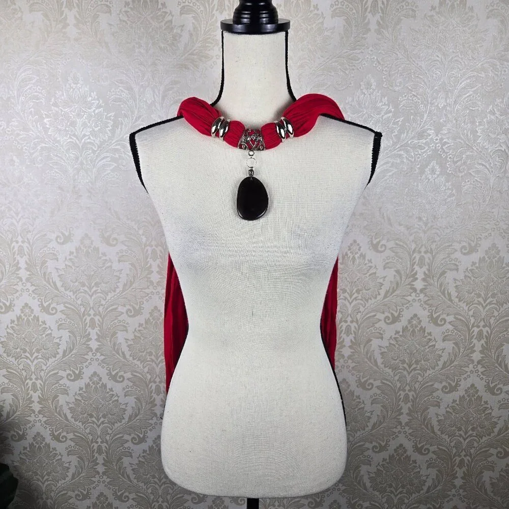Red Infiniti Style Versatile Scarf Silver & Black Toned Jewelry Embellishments